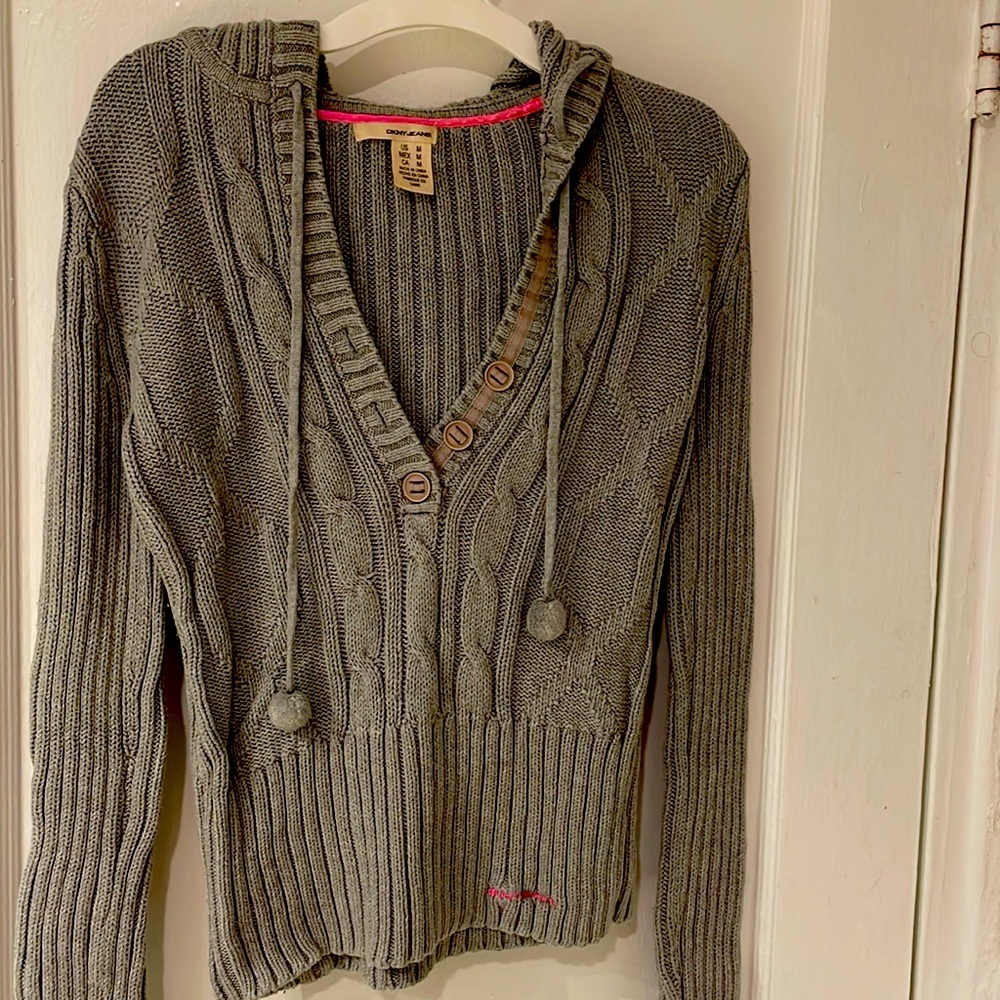 Gray fall sweater with cute Pom Pom ties!